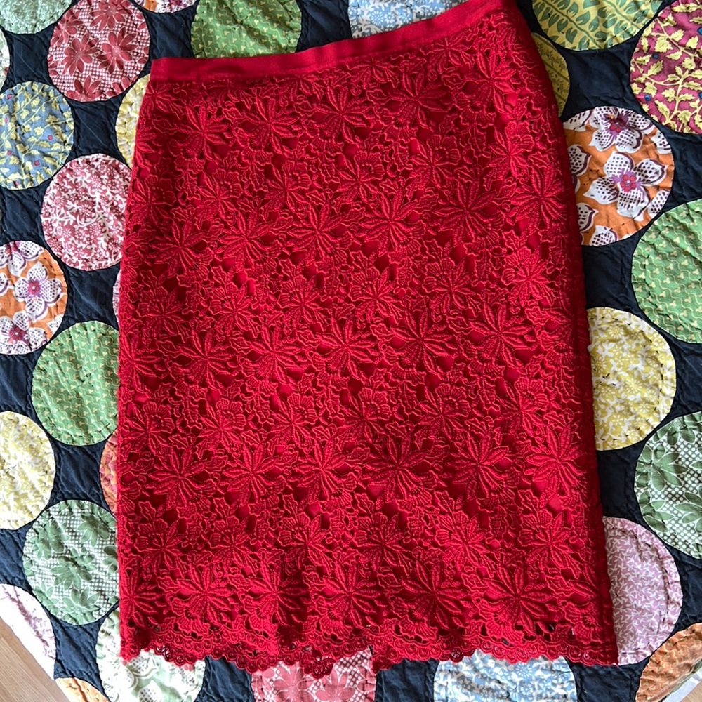 Talbots red lace pencil skirt